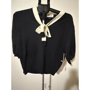 Tulip Black Ivory Solid V-Neck Short Sleeve Bow Tie Pullover Sweater L